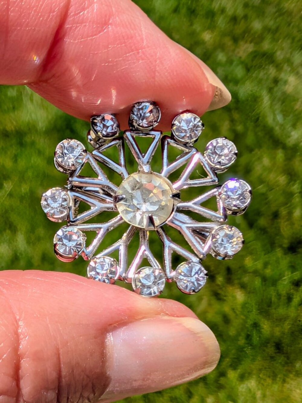 Vintage Silver Tone Rhinestone Sunburst Brooch Pin - Mid-Century
